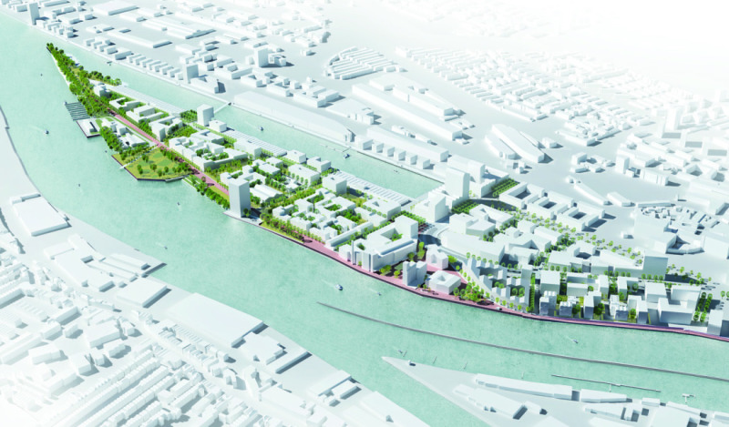 Plan der künftigen Überseeinsel mit eingezeichneten Grünflächen und geplanten Quartieren. Plan der künftigen Überseeinsel mit eingezeichneten Grünflächen und geplanten Quartieren.