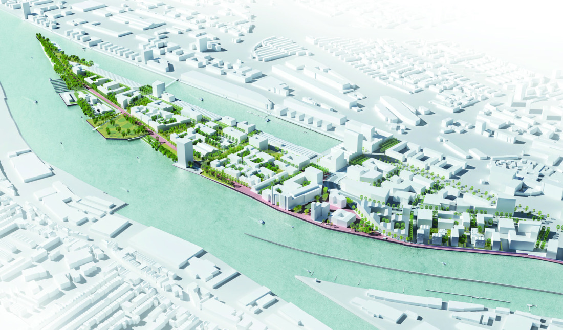 Plan der künftigen Überseeinsel mit eingezeichneten Grünflächen und geplanten Quartieren. 