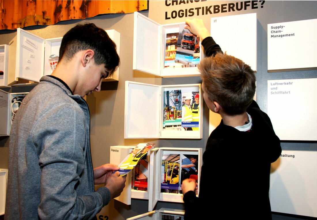 Jugendliche entdecken an einer Infotafel im Hafenmuseum Berufe in der Logistik und Hafenwirtschaft