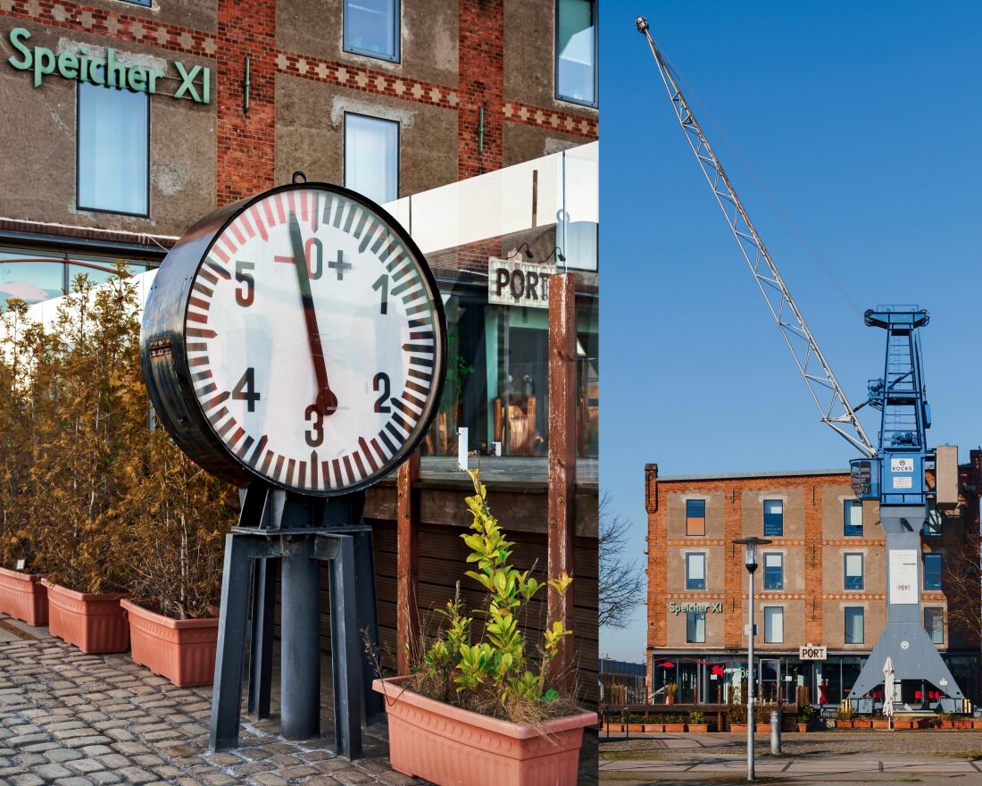 Alte Pegeluhr und Hafenkran vorm Hafenmuseum in der Bremer Überseestadt