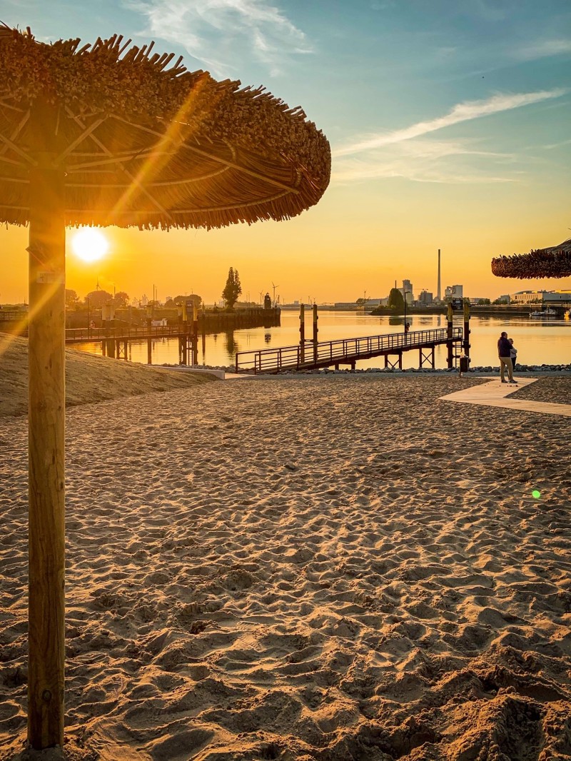 Die Strohschirme am Strandpark Waller Sand im Sonnenschein Die Strohschirme am Strandpark Waller Sand im Sonnenschein