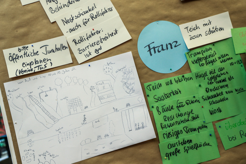 An einer Pinnwand hängen die Ideen und Vorschläge von Kindern und Jugendlichen zur Neugestaltung der beiden Grünflächen. An einer Pinnwand hängen die Ideen und Vorschläge von Kindern und Jugendlichen zur Neugestaltung der beiden Grünflächen.