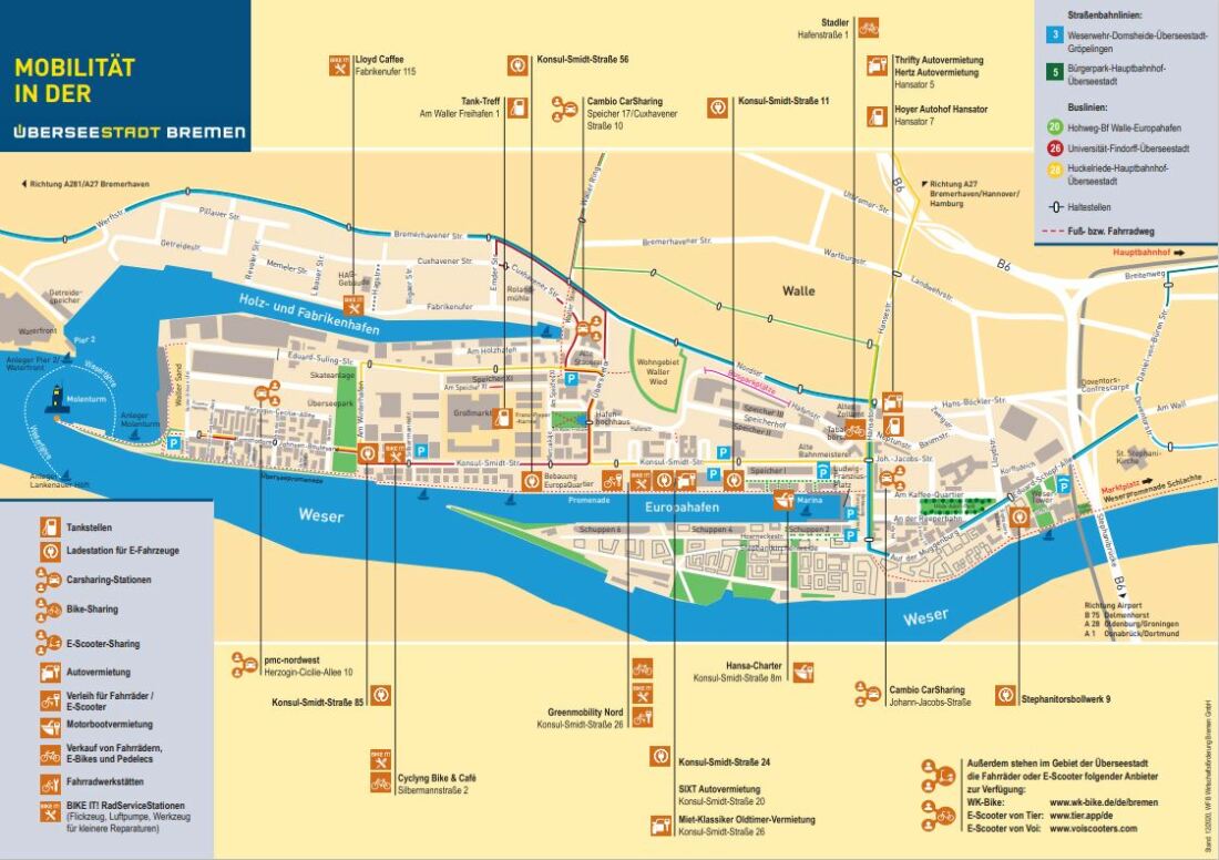 Plan mit allen Mobilitätspunkten in der Überseestadt: Carsharing-Stationen, E-Tankstellen, usw. 