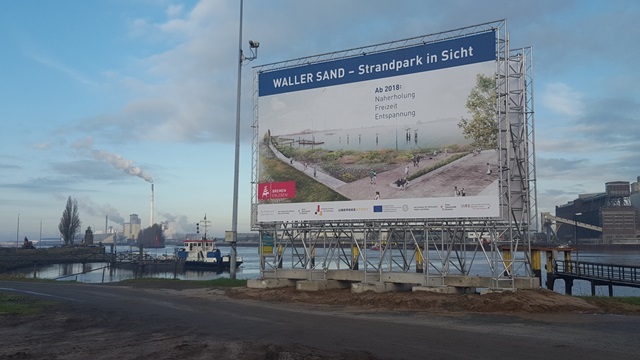 Größflächige Darstellung des Hochwasserschutz-Projektes "Waller Sand" bei Baubeginn