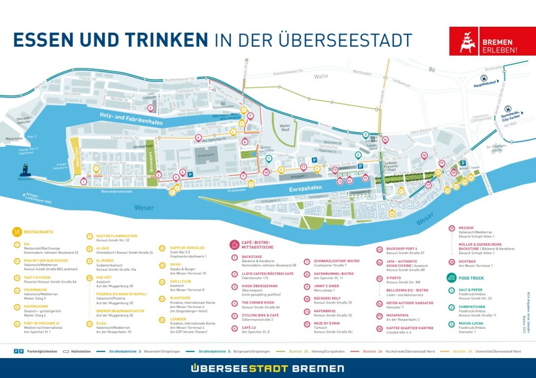 Der Gastroplan der Überseestadt: Hier sind alle gastronomischen Betriebe in der Überseestadt eingezeichnet. Der Gastroplan der Überseestadt: Hier sind alle gastronomischen Betriebe in der Überseestadt eingezeichnet.